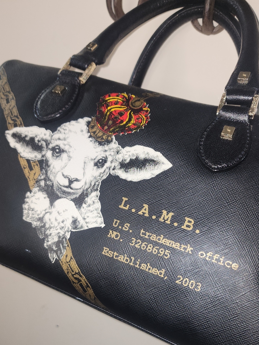 RARE L.A.M.B. Black Graphic Leather Lamb Satchel Bag Gwen Stefani Coin Purse - Picture 3 of 16